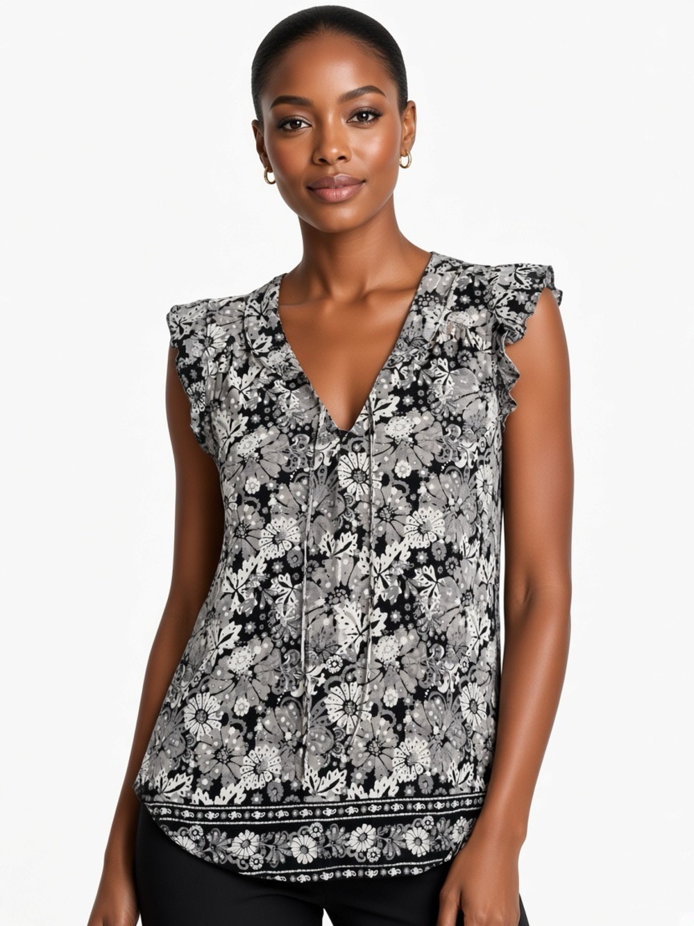 Lucky Brand Black & White Floral V-Neck Ruffle Camisole